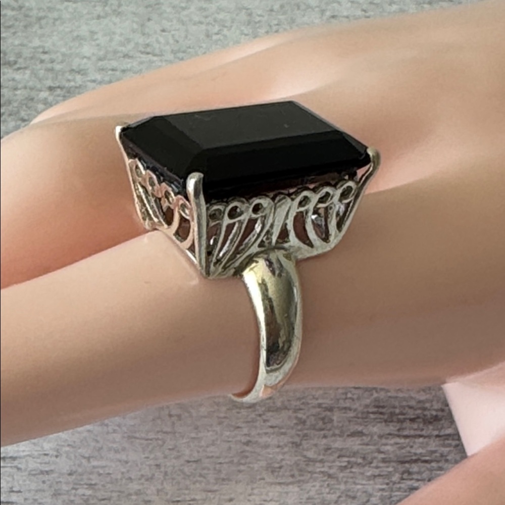 YS India 925 Sterling Silver Statement Ring w Emerald Cut Black Onyx Stone